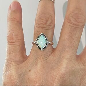 Sterling Silver Diamond Shape White Lab Opal Ring with Beads, October Birthstone